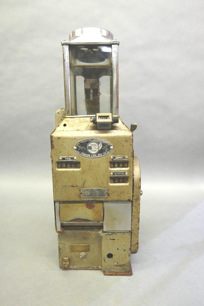 Antique Johnson Fair Box for Trolley Or Bus: Circa 1910 to 1920 mechanical coin or token collector by Johnson Fare Box Co. for use in train, bus or trolley, 24"H, 9.5"W, 8"D