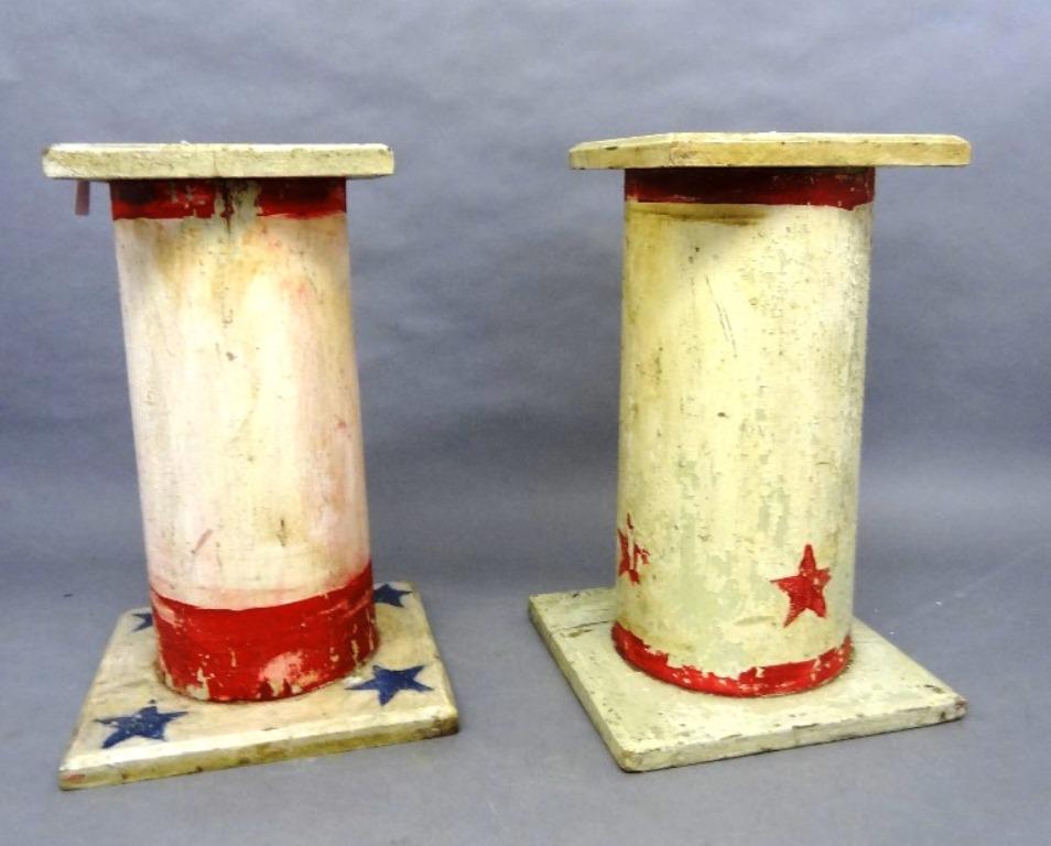 Pair of Primitive Red, White & Blue Painted Pedestals: Pair of antique primitive painted pedestals in red and white with blue stars, 11" square at base, 17.5"H, 9" square at top
