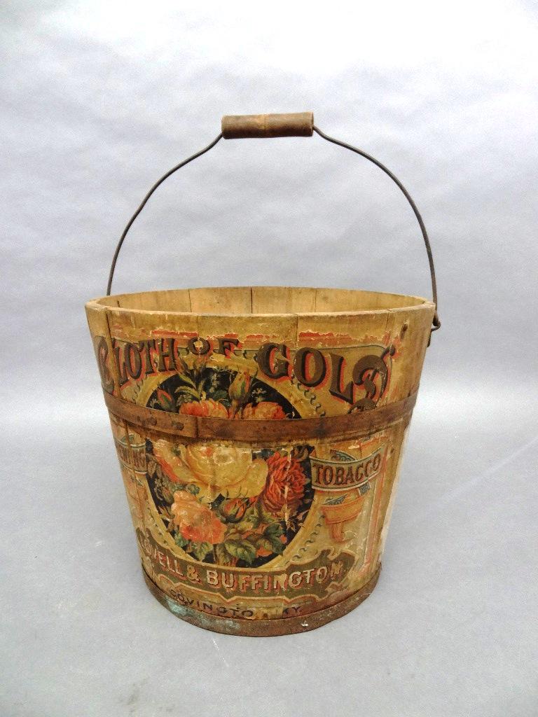 Cloth Of Gold Chewing Tobacco Advertising Bucket: Late 1800's dry pail with metal bands and bail handle, litho paper covering for Cloth Of Gold Chewing Tobacco by Lovell & Buffington, Covington Kentucky, rear has applied litho paper advertising Phila