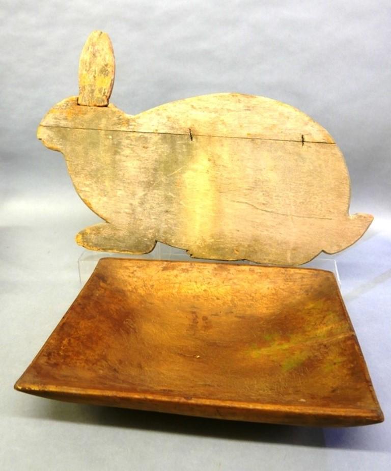 Large Wooden Trencher and Rabbit Sign: Large Cherry Trencher 21"L, 15"W, 4.5"H with filled in age crack, weathered wood rabbit sign 31"L, 20"H missing most of tail