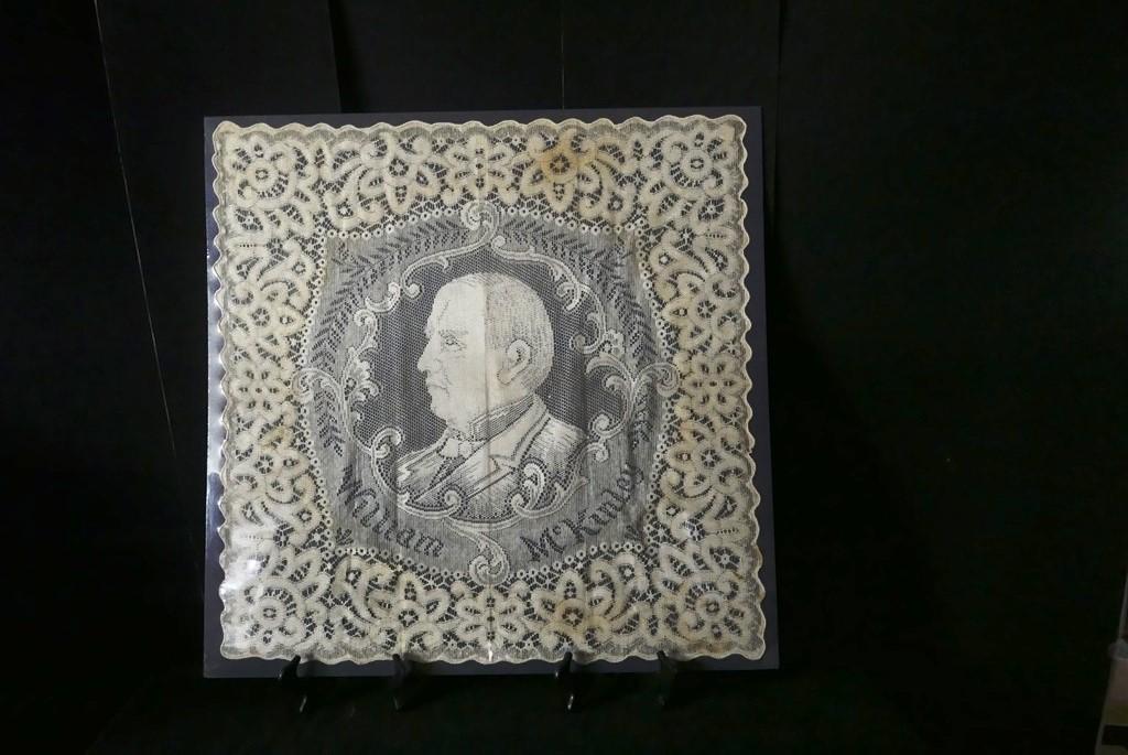 William McKinley Presidential Tablecloth: William McKinley lace tablecloth circa 1900, 33" square, clear wrapped on foam board ready for display