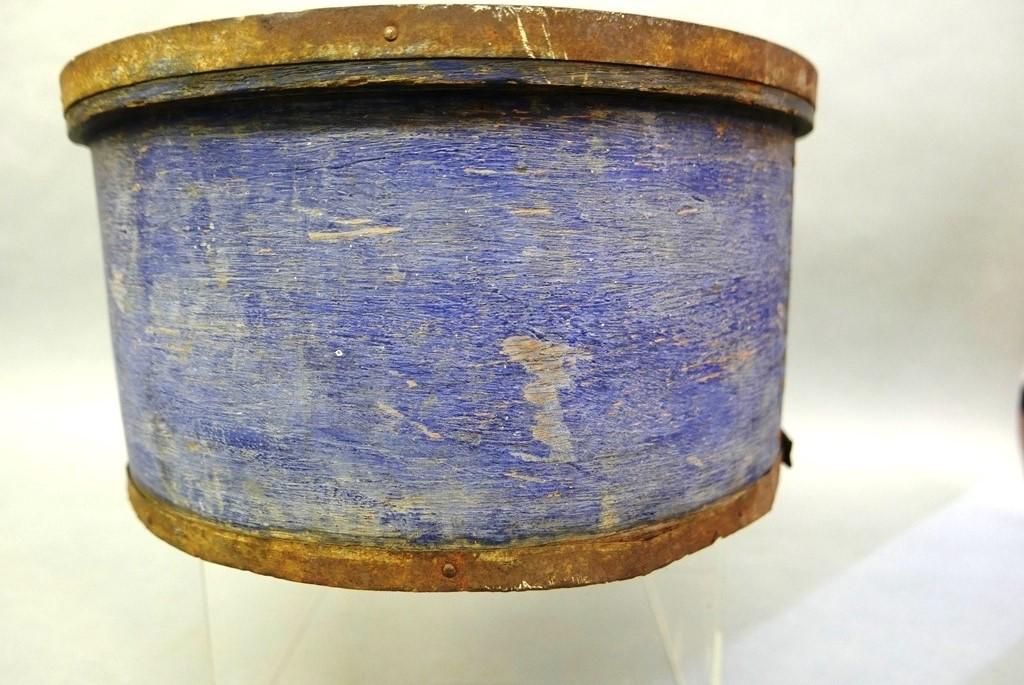 Primitive Blue Painted Vermont Box: Early wood box with metal banding has original blue paint, carved into bottom "H.E. Chase Lovell VT", 15"D, 8"H