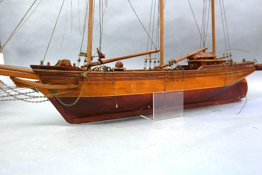 Vintage 48" Sailing Ship Model: Folksy wooden three mast ship model, 48"L, 33"H