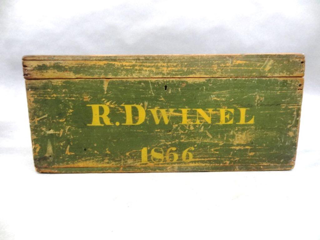 Small 1866 Painted Box: Painted softwood hinged lid box with original paint decoration, signed "R. Dwinel" 1866 on front, 18"W, 8"H, 10"D