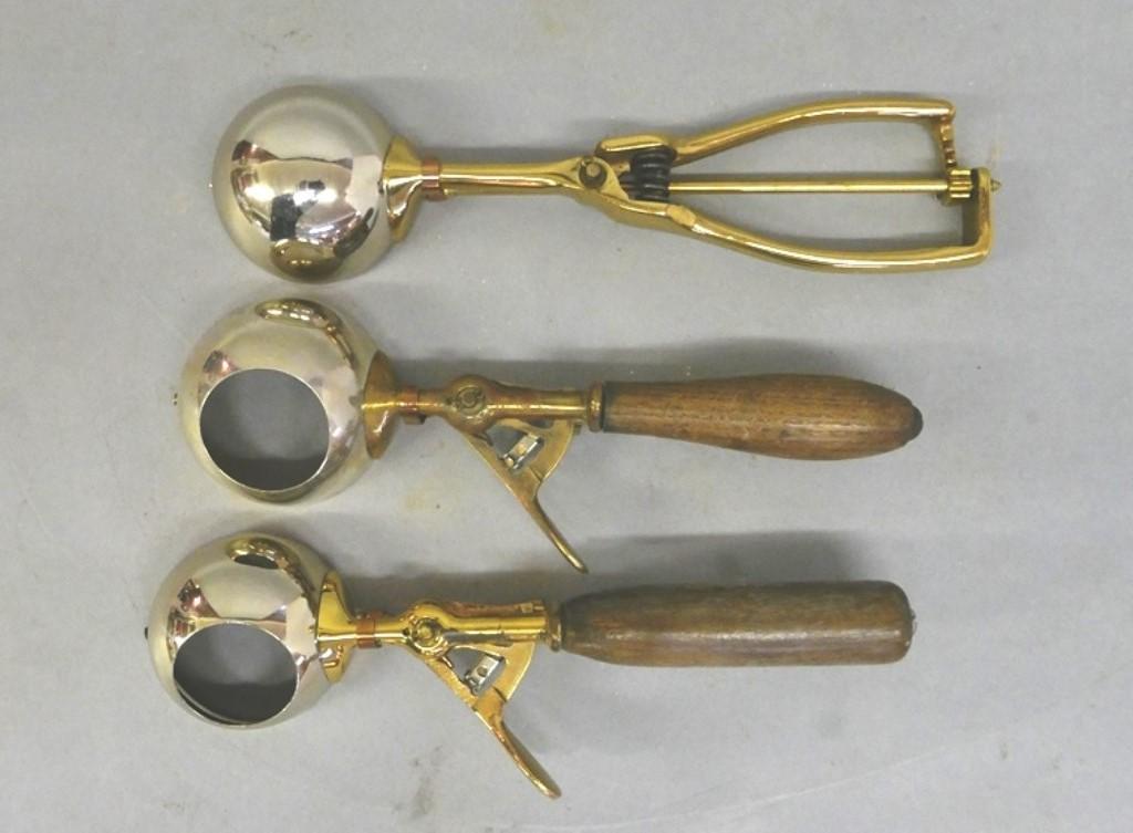 Three Vintage Ice Cream Scoopers: Hamilton Beach #30 brass and chromed stainless scoop 10.25"L, two No-Pak scoops in different sizes #31 and #31B, 10"L