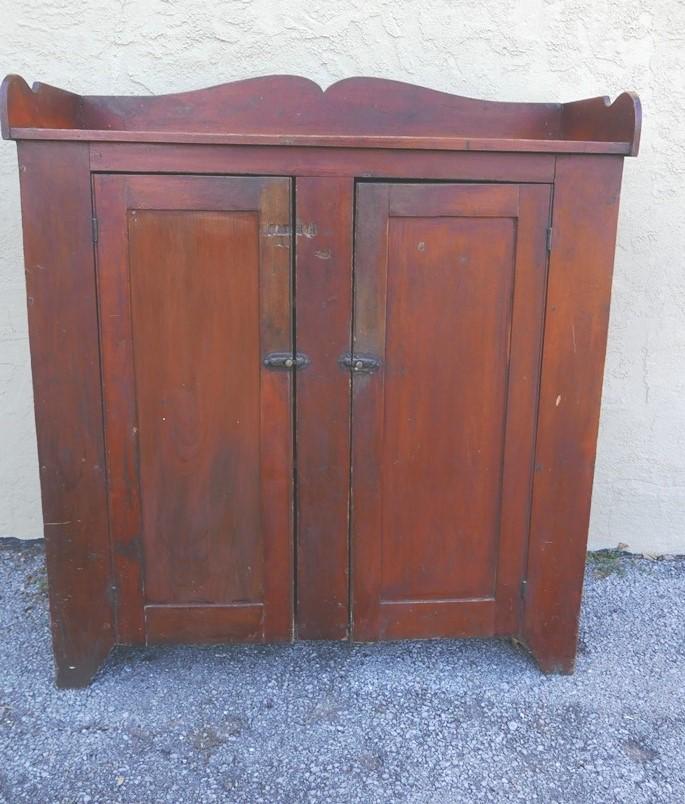 Painted Pine Jelly Cupboard: Early Red Painted Two Door Jelly Cupboard w/Back Splash