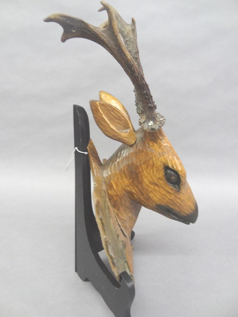 Carved Deer Head With Real Antlers: Vintage carved deer head on a wood plaque with a pair of real antlers, probably European, 17"H