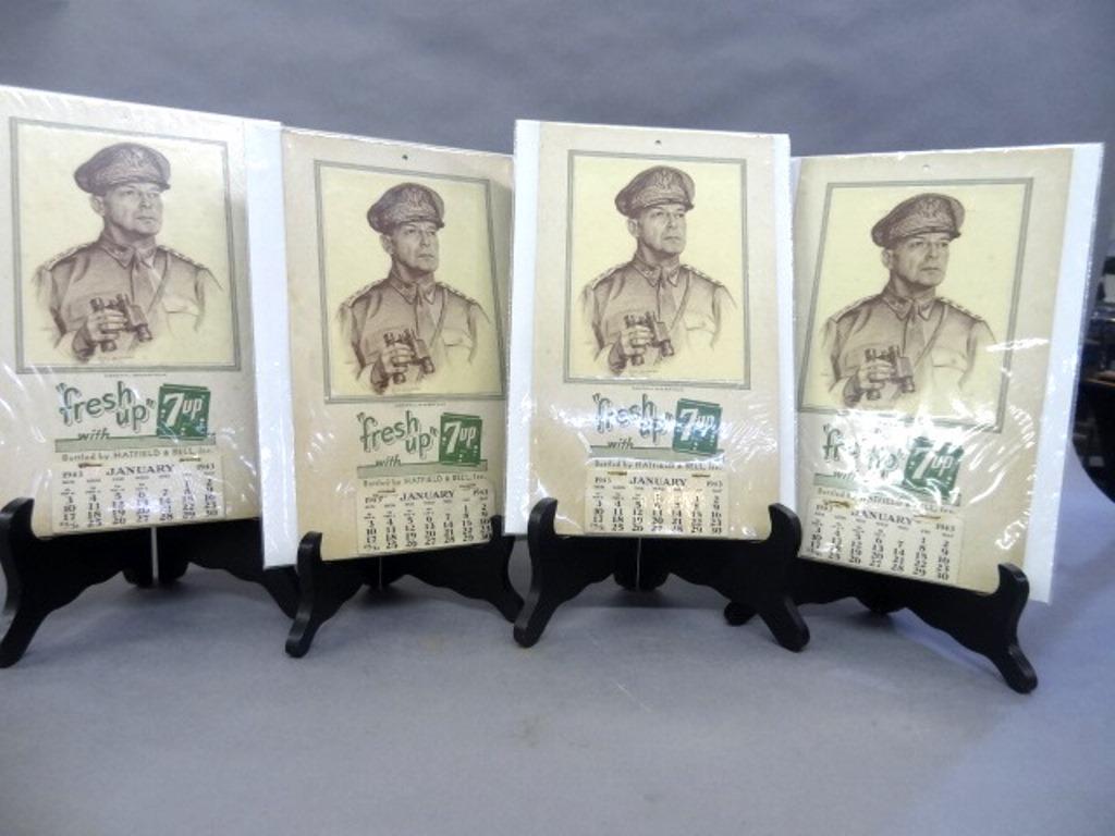 Four 1943 7up MacArthur Calendars: Four 1943 7up calendars with all pull off months included, 7" by 12"