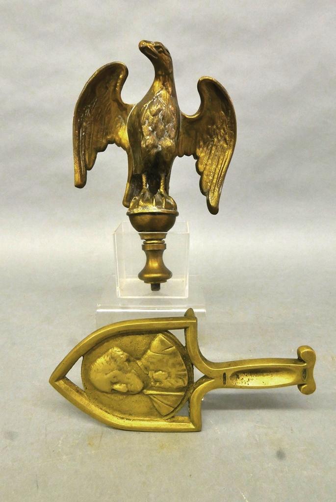Eagle Flag Finial & Washington Trivet: Vintage hollow body American eagle flag pole topper with a solid brass spacer extension 9"H, solid brass heavy George Washington trivet 9"L