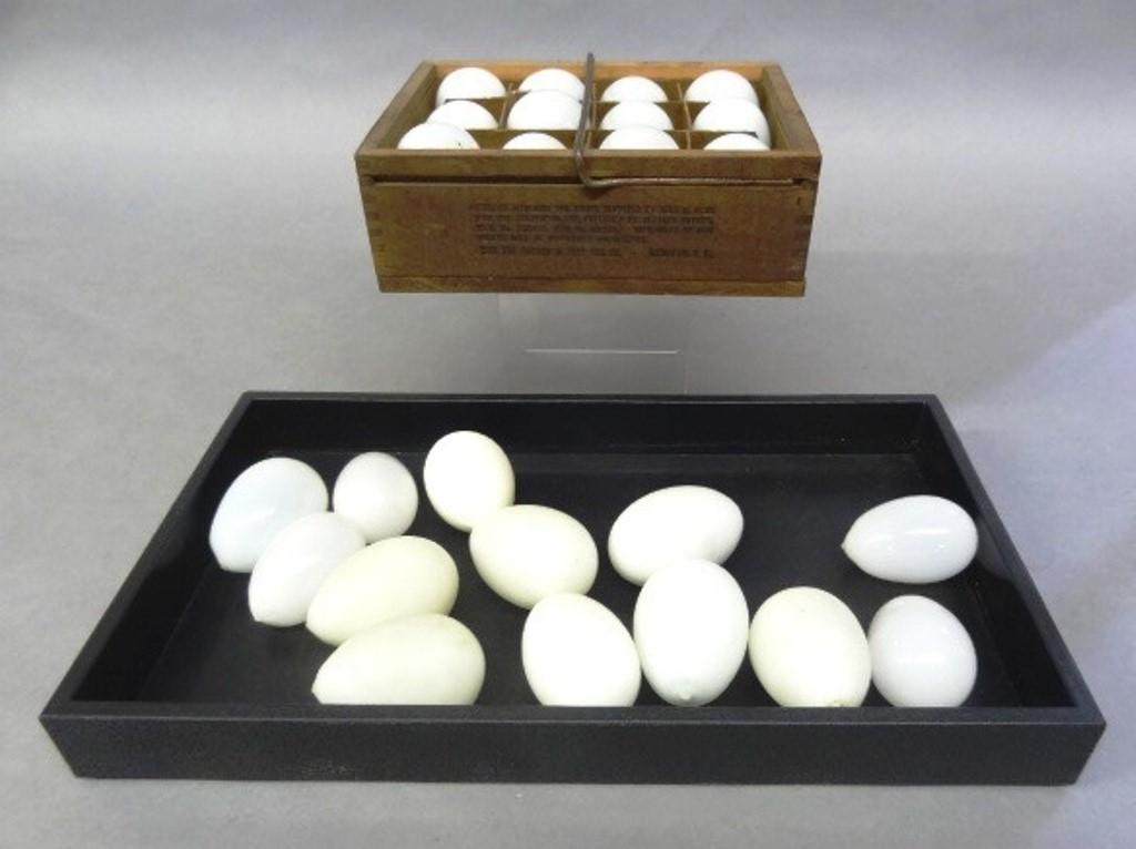 Star Egg Carrier One Dozen Size & Glass Eggs: Antique dovetailed egg carrier box one dozen size, impressed "Star Egg Carriers And Trays Manufactured Only By John G. Elbs Rochester N.Y." with a patent date of 1906, includes one dozen glass eggs, 8