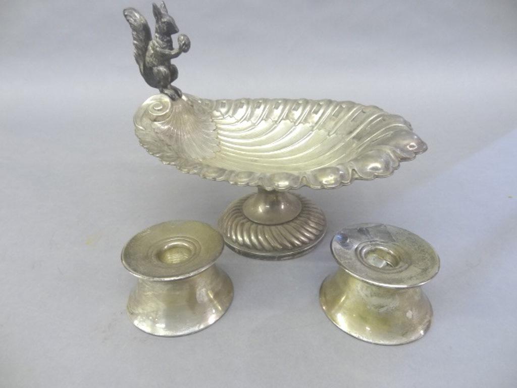 Sterling Candlesticks & Silver-Plate Squirrel Compote: Vintage silver plated rococo shell form compote or center piece on a raised gadrooned foot, topped by a cast soft metal squirrel holding a nut, signed "WMF NS", 10"L, 8"H, 7.5"W, pair of Gorham sterli