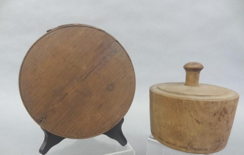 Antique Butter Mold & Cheese Box: Antique 19th century large one pound size butter mold with hand carved pattern 5.5"D, antique cheese box with lap joints and hand cut nails has partially legible company name and Mass. Address stamped