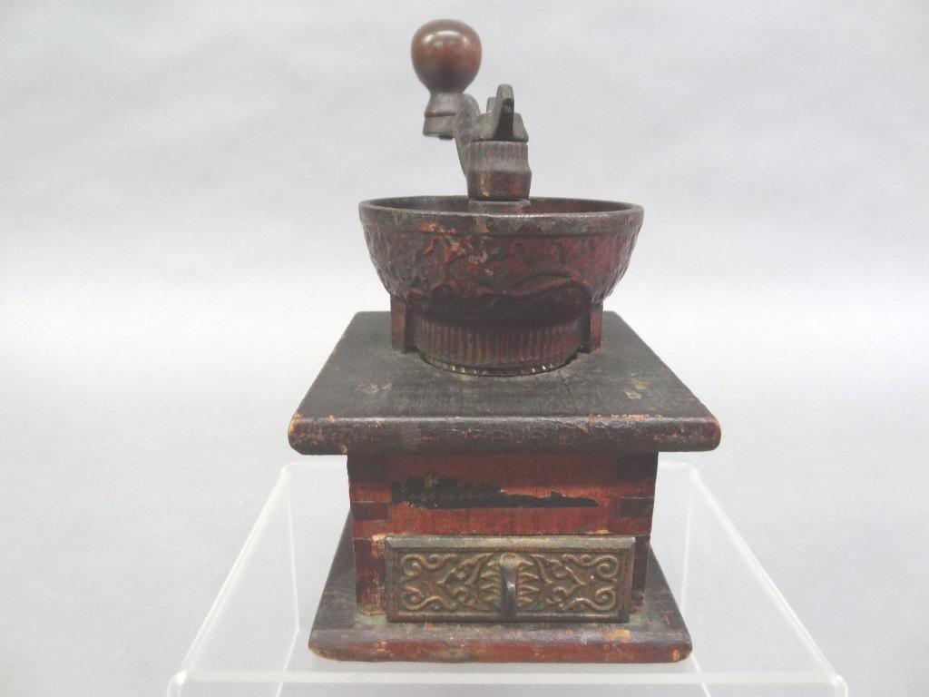 Antique Small Coffee Grinder: Early cast iron and wood coffee grinder 3.5" square by 5.5"H excluding handle