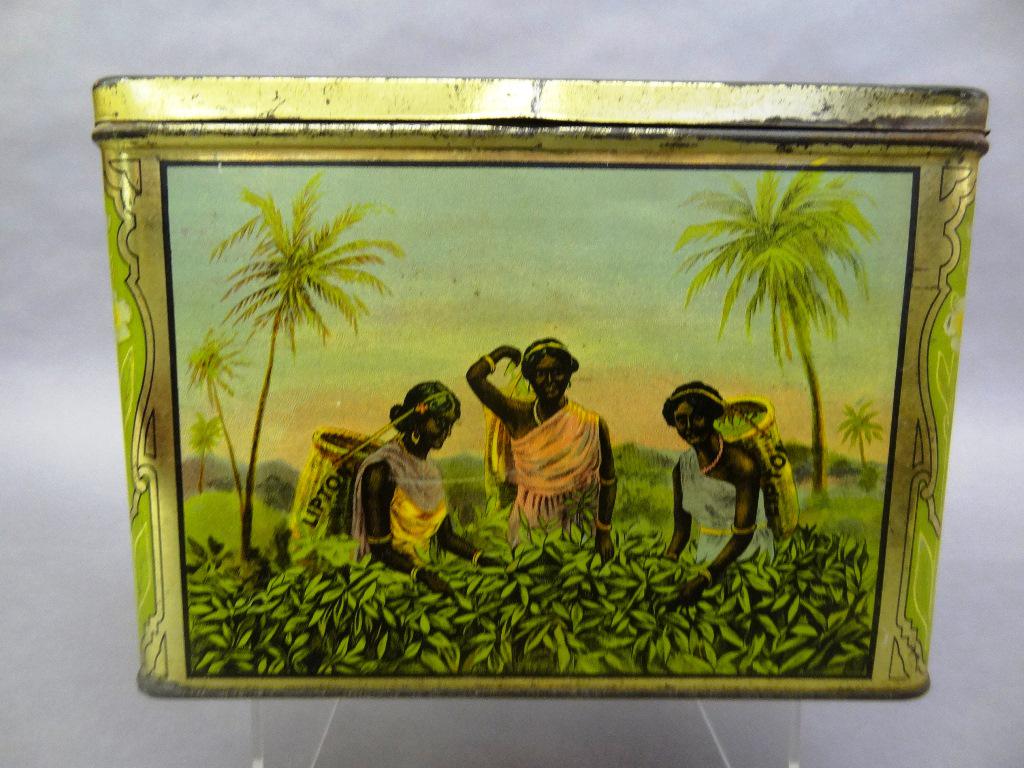 Antique Lipton 3 LB. Tea Litho Tin & Victoria Cup: Antique lithographed advertising tin, Thomas J. Lipton three pound tin depicting beautiful native women picking leaves and cattle watering, 8 5/8"W, 6"H, 5.5"D, also includes a litho tin cup commemora