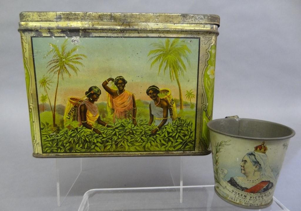 Antique Lipton 3 LB. Tea Litho Tin: Antique lithographed advertising tin, Thomas J. Lipton three pound tin depicting beautiful native women picking leaves and cattle watering, 8 5/8"W, 6"H, 5.5"D