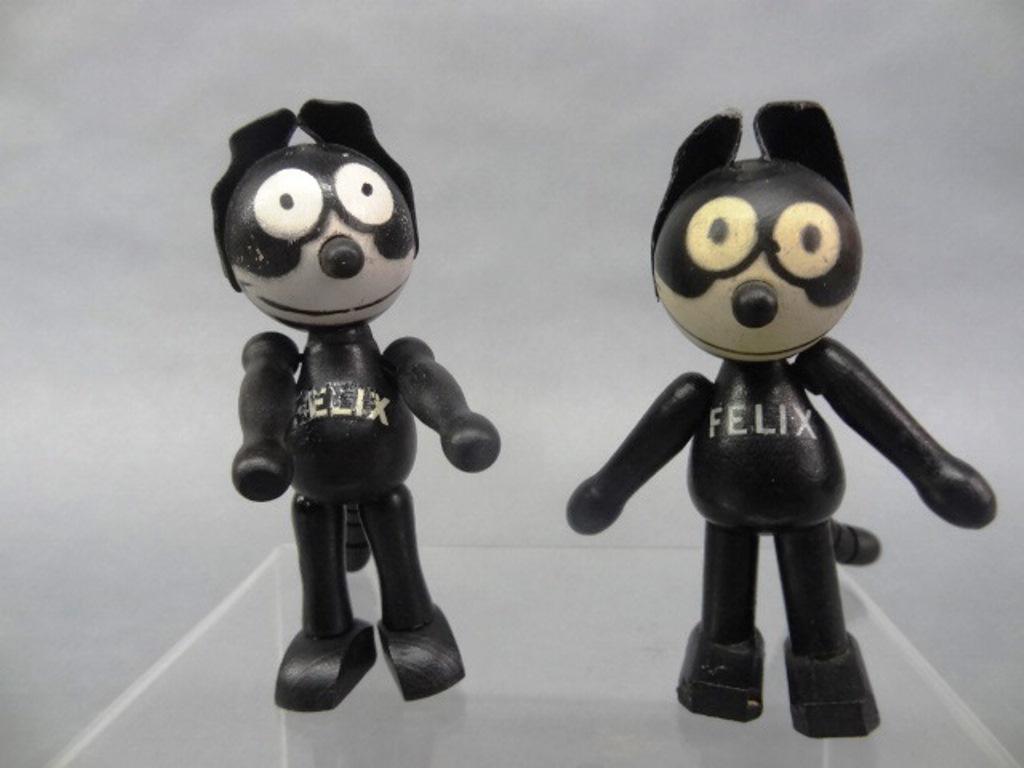 Two Schoenhut Small Felix The Cat Toys: Two Schoenhut jointed wood Felix The Cat toys with original labels
