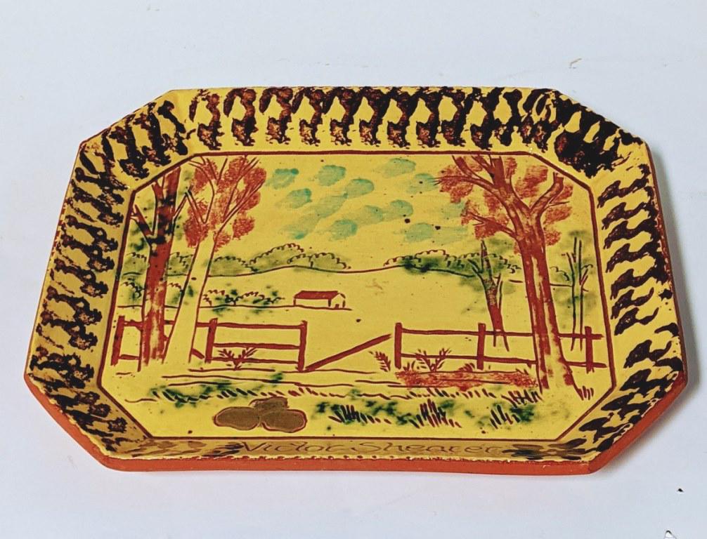 Breininger Redware Victor Shearer Tray: Lester Breininger redware tray depicting a landscape in the style of Berks County Pa. artist Victor Shearer, done with sgraffito, slip and sponge decoration, signed and dated 1987 on reverse and numbe