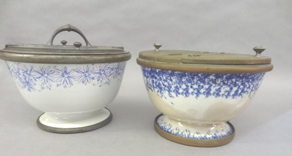 Two Ironstone Double Lidded Sugar Bowls: Mercer Pottery ironstone bowl with blue floral decoration, pewter double hinged lid with handle and interior divided with pewter sheet 11.25"D, 9"H, ironstone bowl with blue sponge decoration, chrome 