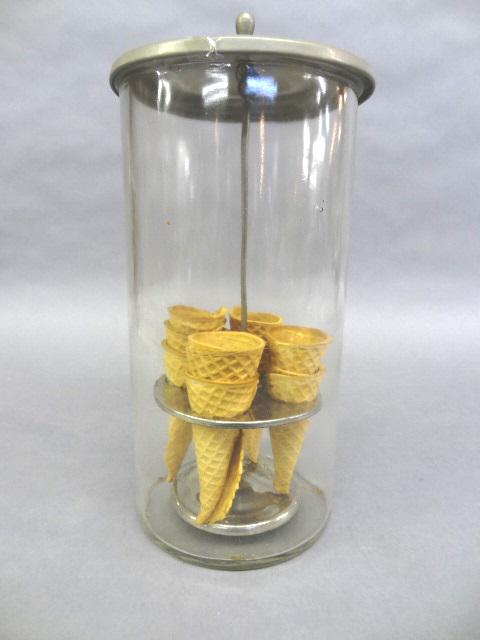 Soda Fountain Ice Cream Cone Dispenser: Vintage ice cream cone dispenser, nickel plated lid over a thick heavy glass jar, 6.75"D, 14"H