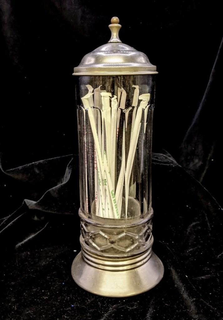 Soda Fountain "Linked Chain" Straw Dispenser: Vintage sofa fountain or drugstore straw dispenser, heavy pressed glass with beveled sides and linked chain pattern near base, chrome plated lid and foot, 12"H