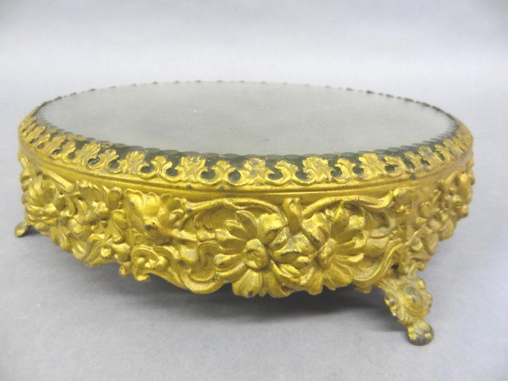 Vintage Lady's Dresser Plateau: Early 1900's round lady's dresser plateau, round mirror with chain bezel, cast brass feet with painted metal skirt, 11.5"D, 2.75"H