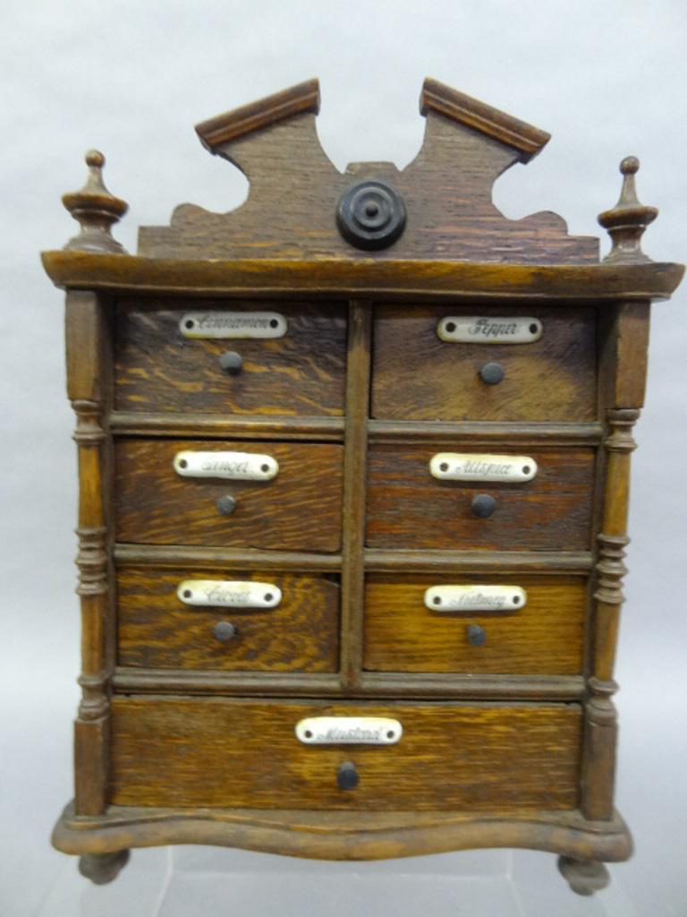 Antique Oak Spice Box: Antique late 1800's oak spice box with seven drawers and original hooks for hanging, 13.75"H, 10"W, 3.75"D