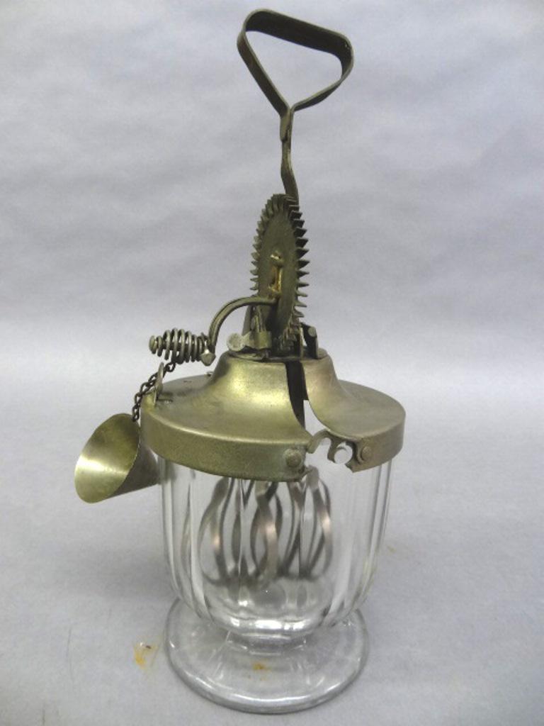 Vintage Ladd Kitchen Mixer: Vintage Ladd Beater Mixer #1, patent 1915, nickel plated beater with heavy pressed glass signed base and original funnel, 13"H
