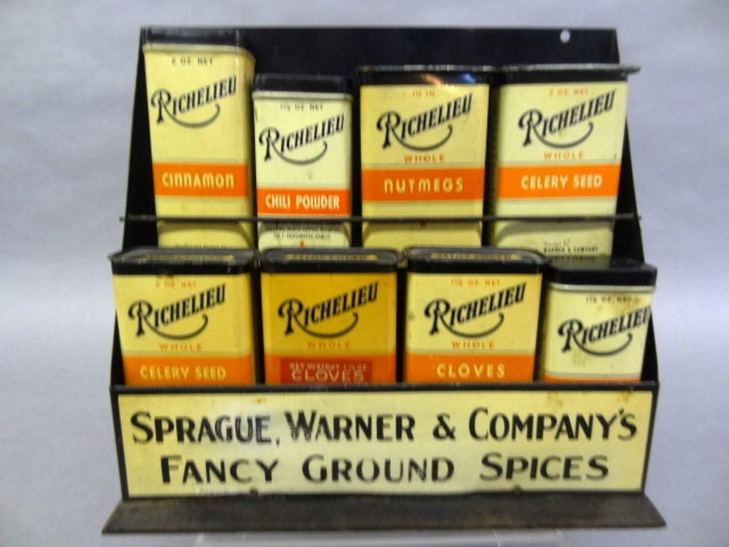 Vintage Store Spice Display: Sprague, Warner & Co. litho tin store display on wood base advertising Fancy Ground Spices, 9.5"W, 8.5"H, 3"D, includes 8 original spice tins