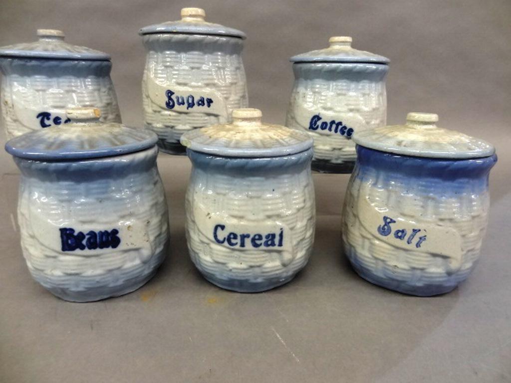 Blue & White Stoneware Canister Set: Early 1900's blue and white glazed stoneware six piece canister set, includes, coffee, tea, sugar, salt, cereal and beans, 5"D, 6.5"H