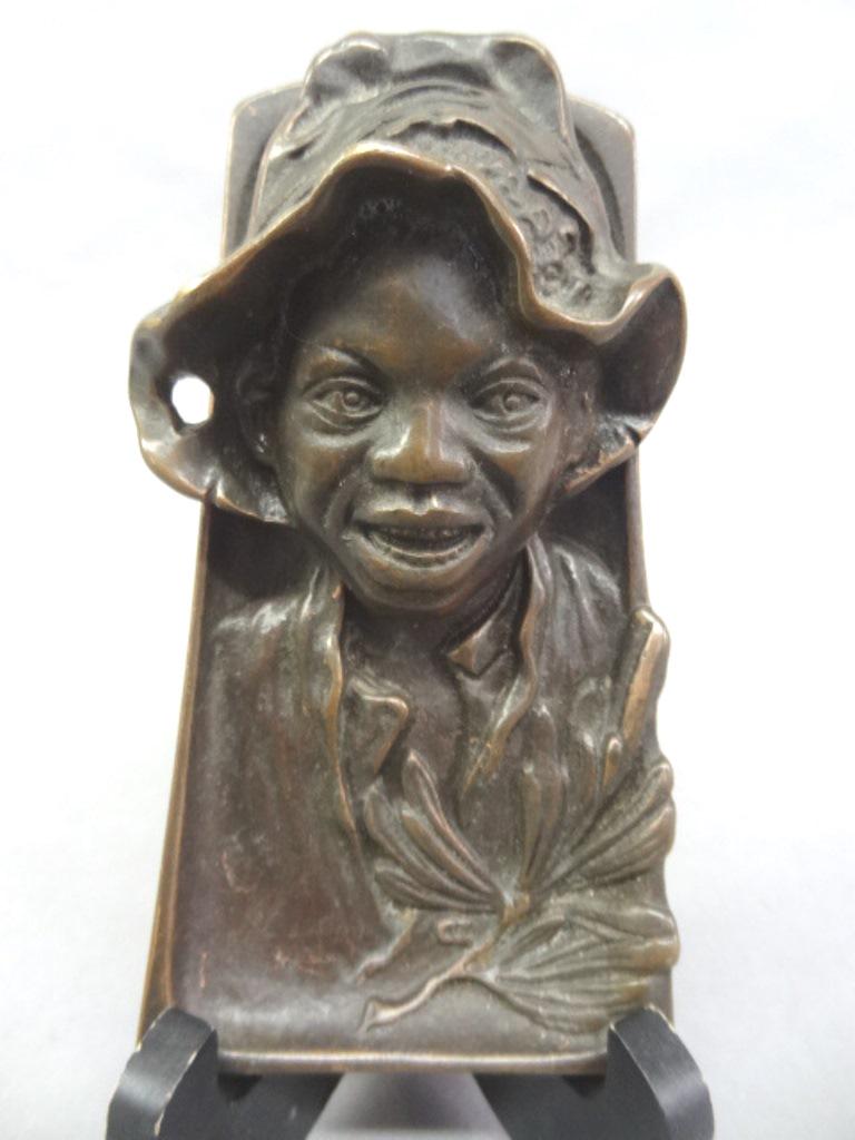 Tiffany Style Bronze Inkwell: Nice quality Black Americana bronze older reproduction inkwell, depicts 19th century folk character "Johnny Griffin", signed Tiffany 4587, 5.75"L,