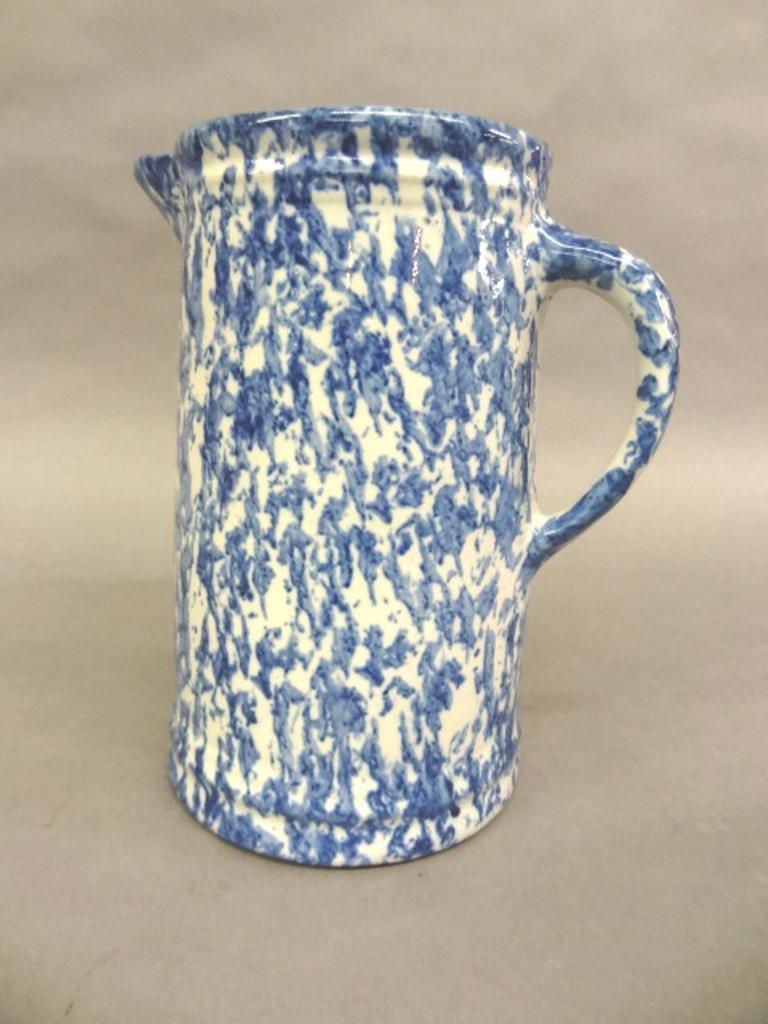 Blue Sponge Stoneware Pitcher: Antique stoneware pitcher with blue sponge decoration 9"H