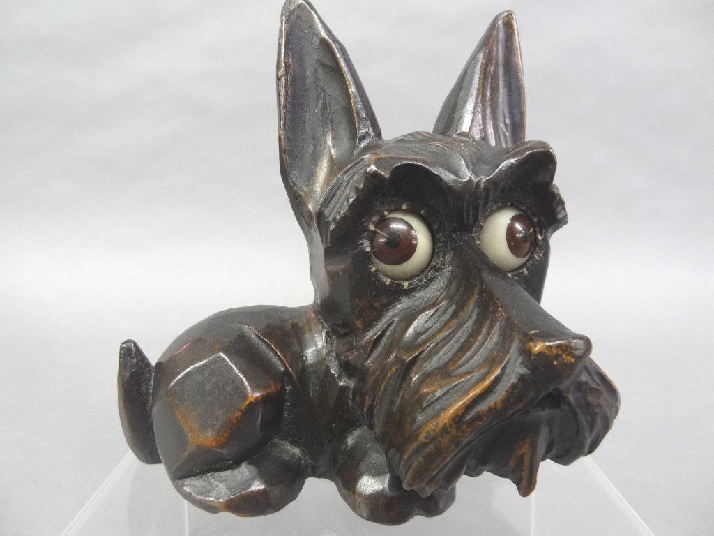 Scotty Dog Moving Eye Clock: Vintage Oswald composition Scotty Dog wind-up clock signed "Oswald Germany ges gesch", eyes rotate to tell time, 5.5"W, 5.5"H
