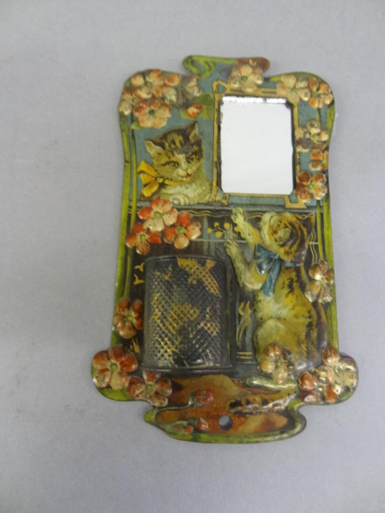 Litho Tin Kittens Match Holder/Safe: Antique early 1900's litho tin match safe two kittens and a small mirror, 7.5"H, 4.5"W
