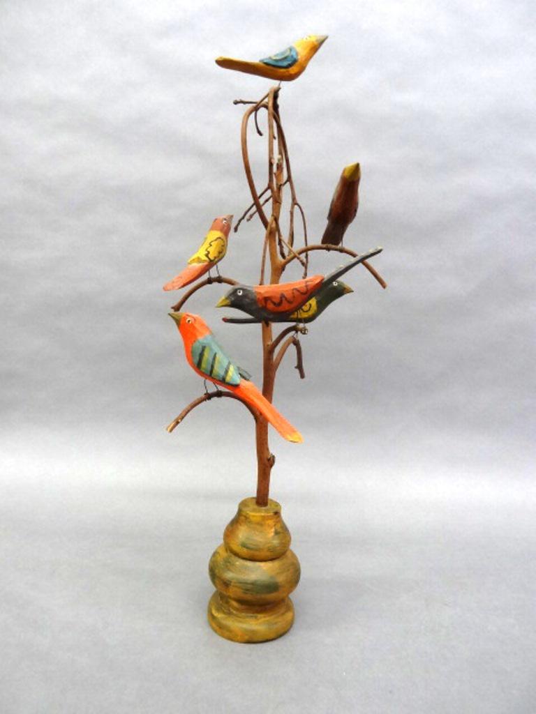 Daniel & Donna Strauser Folk Art Bird Tree: Daniel and Donna Strauser artisan Pa. hand carved and painted bird tree with six birds perched on the branches, mounted on turned wood base, 22.5"H, signed and dated 05 on bottom