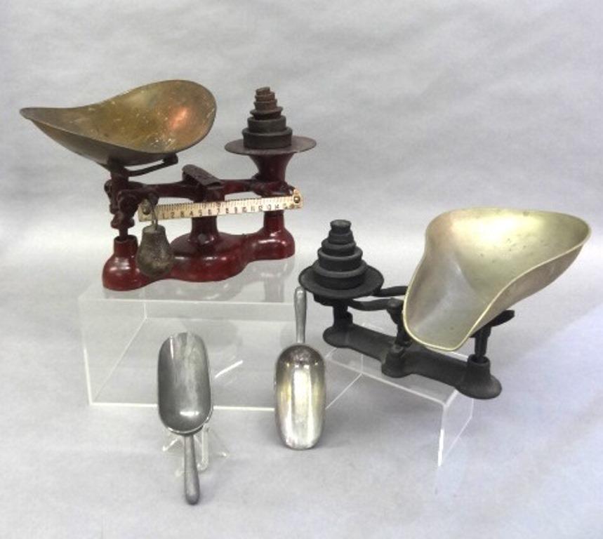Antique Jacob's 16 Oz. Candy Scale & Other: Antique Jacobs N.Y. cast iron #4 candy scale with 16 oz capacity, nice original paint and copper pan, includes a nested set of six cast iron weights from .5 ounce to one pound, also includes an unsign