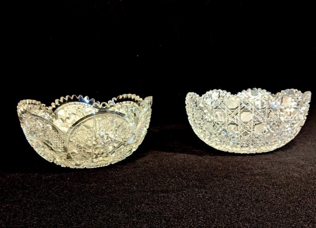 Two Antique Cut Glass Bowls: Antique cut glass bowl with scalloped rim 10"D, 4"H in excellent condition, antique cut glass bowl with scattered minor chips on top edge 10"D, 4.5"H