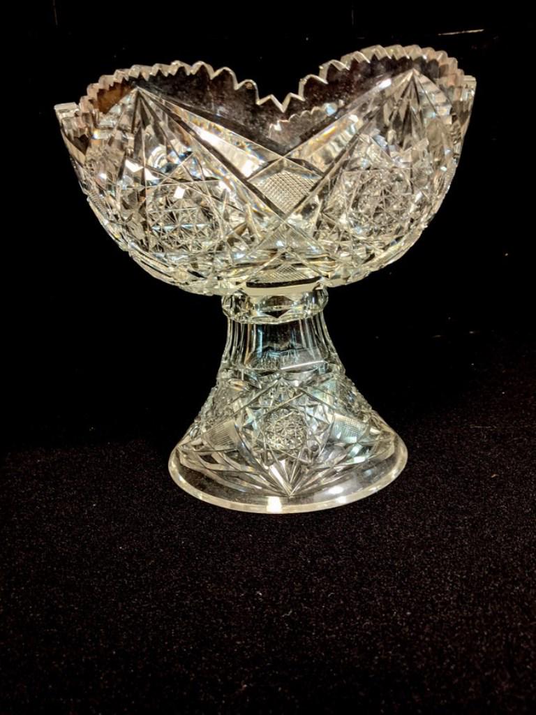 Antique Cut Glass Punch Bowl: Antique two piece cut glass punch bowl or large compote, 9"D, 9"H