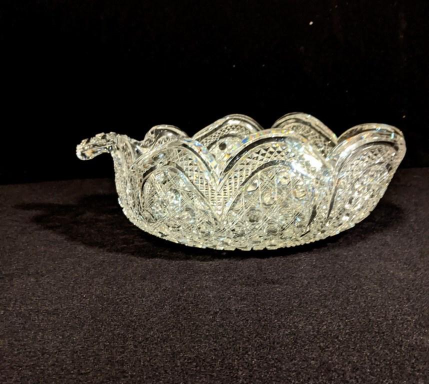 Antique Cut Glass Leaf Form Bowl: Antique cut glass oval bowl shaped as a leaf with stem, scalloped top, 13.75"L, 9.5"W, 4.5"H