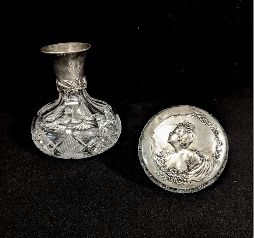 Cut Glass Water Decanter & Dresser Box: Antique cut glass squat water decanter with monogrammed Gorham sterling silver neck decorated with flowers 7"H, cut glass dresser jar with Gorham sterling lid with Art Nouveau style woman in relief 5"