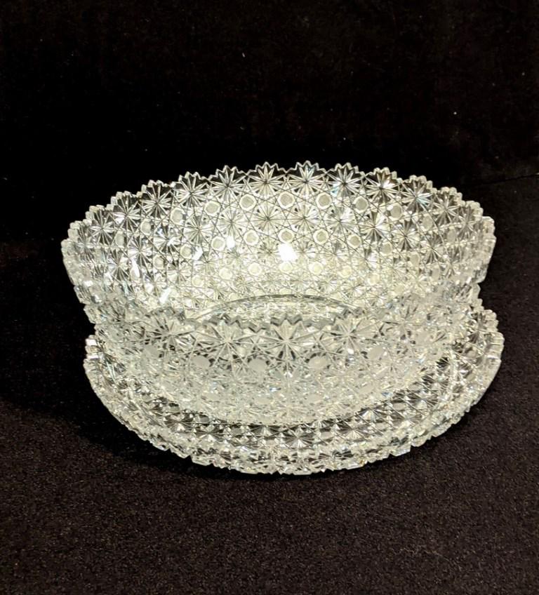 Large Cut Glass Bowl & Matching Tray: Vintage cut glass bowl with dense pattern and scalloped top 11.5"D, 4.5"H, matching tray 12"D, 1.5"H