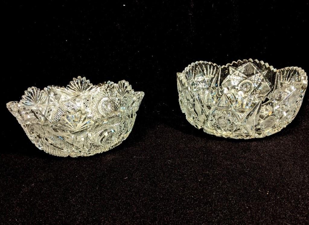 Two Antique Cut Glass Bowls: Round cut glass bowl has 2 very small frits on scalloped top edge 8"D, 4"H, round cut glass bowl has scattered small chips on scalloped top rim 8"D, 4"H