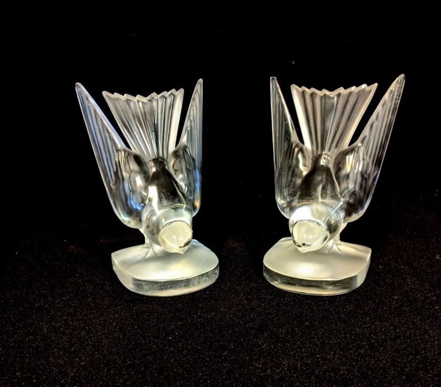 Pair Lalique Hirondelle swallow Bookends: Pair of Lalique French crystal bookends, frosted to clear glass, etched on both bases [Lalique France], 6"H