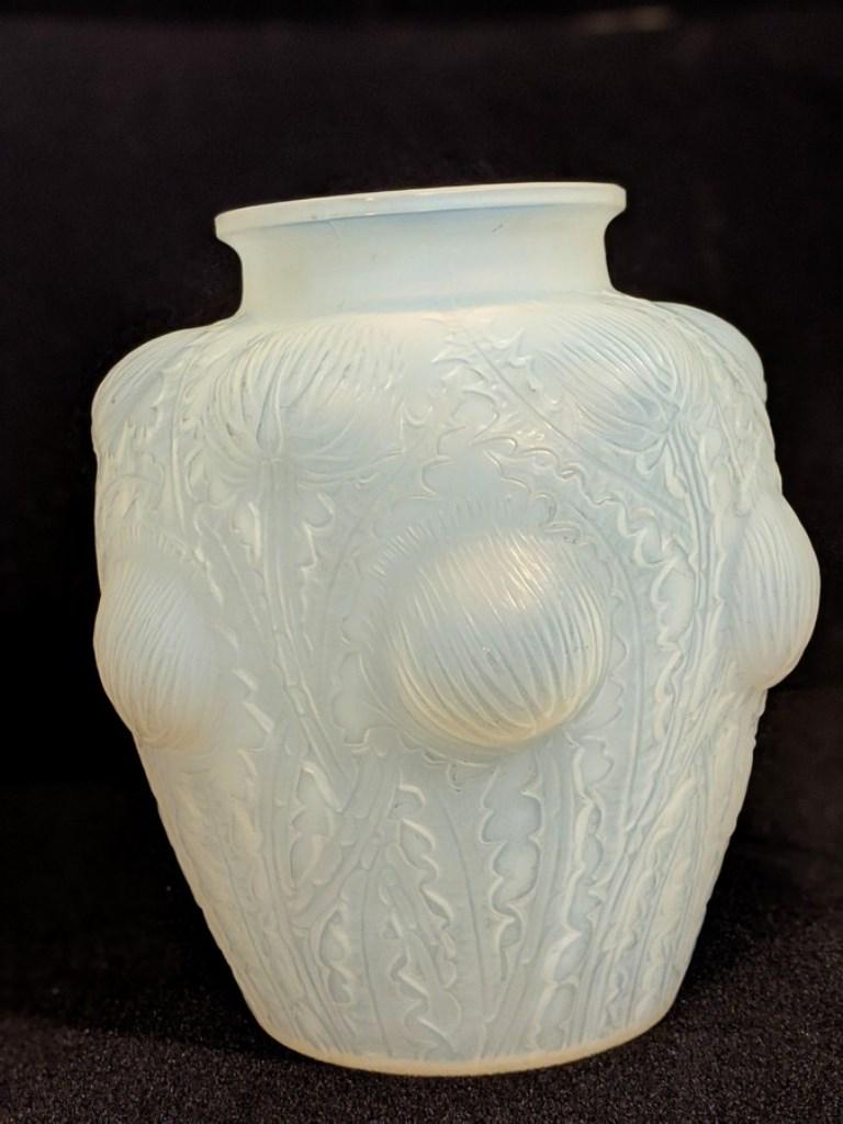 Lalique "Domremy" Thistle Vase: Antique Lalique frosted glass vase circa 1926 pattern #979 molded in the Domremy pattern with thistles and foliage, etched signature on bottom rim [R. Lalique France No 979], 8.5"H
