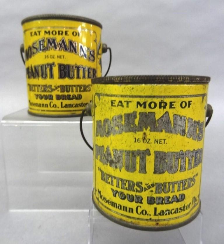 Two Vintage Mosemann's Peanut Butter Tins: Two antique litho tin Mosemann's Peanut Butter 16 oz. containers from Mosemann Co. Lancaster Pa., nicely decorated with animals on sides, 3.5"H excluding handle