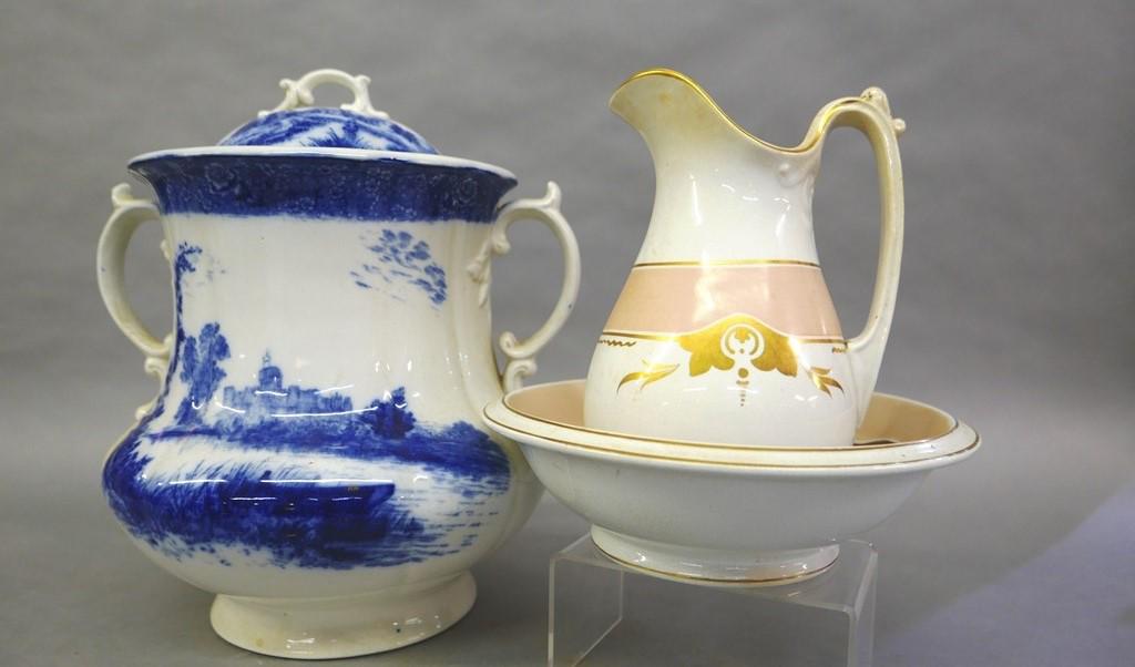 Antique Wash Bowl & Pitcher: English Bennett Co. large waste bowl with lid decorated with blue Delft pattern over a white glaze, 13"W at handles, 14"H, antique English Cockson & Chetwynd small pitcher 9"H and bowl 10.25"D circa 1