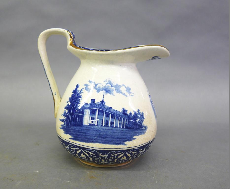 Buffalo Pottery Co. George Washington Jug: Antique Buffalo Pottery historical blue decorated George Washington pitcher with gold highlights 7.5"H, circa early 1900's