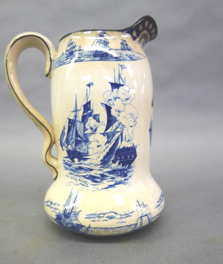 Buffalo Pottery John Paul Jones Pitcher: Antique Buffalo Pottery historical blue decorated John Paul Jones pitcher with blue nautical decoration 9.5"H