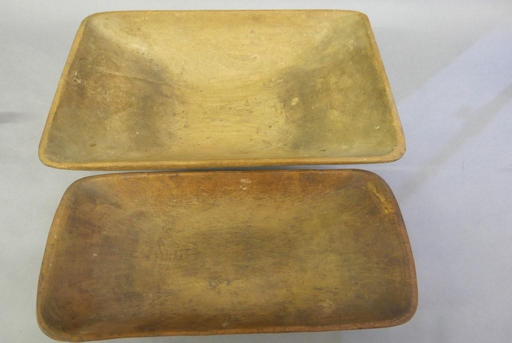 Two Large Wooden Trencher Bowls: Hand hollowed rectangular trencher with nice figure 9" by 17.5" by 3.5"H, large trencher 13" by 21" by 4.5"H with a few tight age cracks