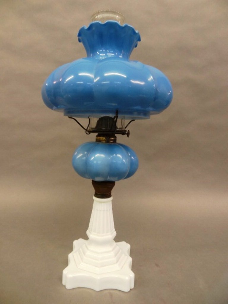 Antique Blue & White Kerosene Lamp: Antique kerosene lamp with milk glass base, blue melon form reservoir with matching shade, 21"H overall