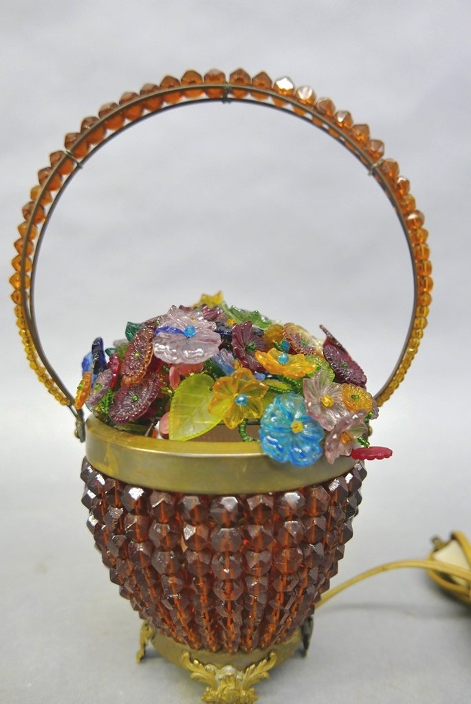 Vintage Bohemian Basket Lamp: Early glass basket lamp, lamp top decorated with individual flowers, ruby beads on body, swing handle with graduated beads, 10.5"H to top of swing handle, base signed "Made In Czechoslovakia"